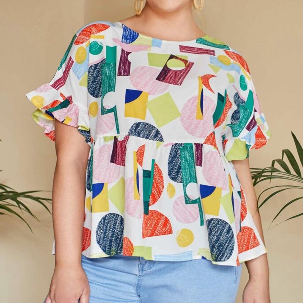 SHEIN Women’s Plus 4X Colorful Geometric Print Peplum Women's Top